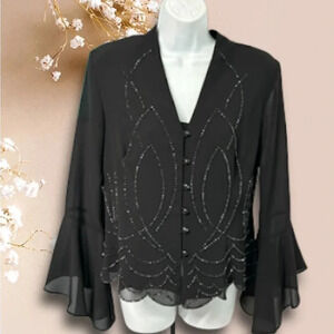 Vintage J.R. Nites  by Caliendo Black Beaded Top Bell Sleeves Size 10 Whimsigoth